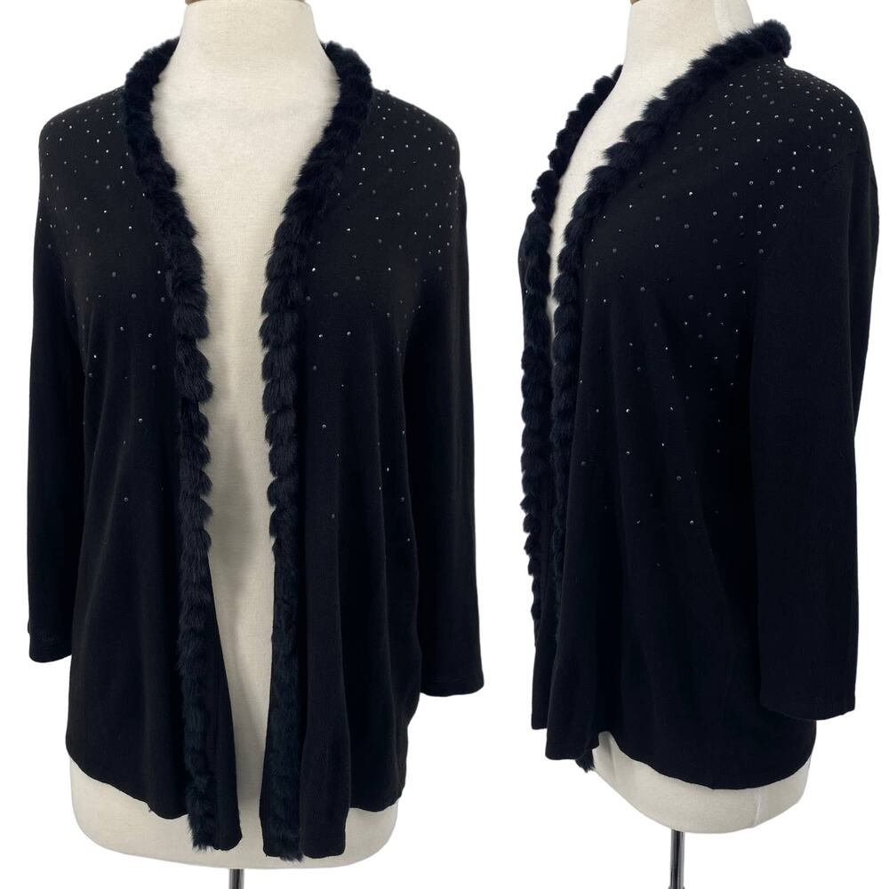Chicos Sweater Open Front Faux Fur Trim Bedazzle Long Sleeve Black Womens Medium